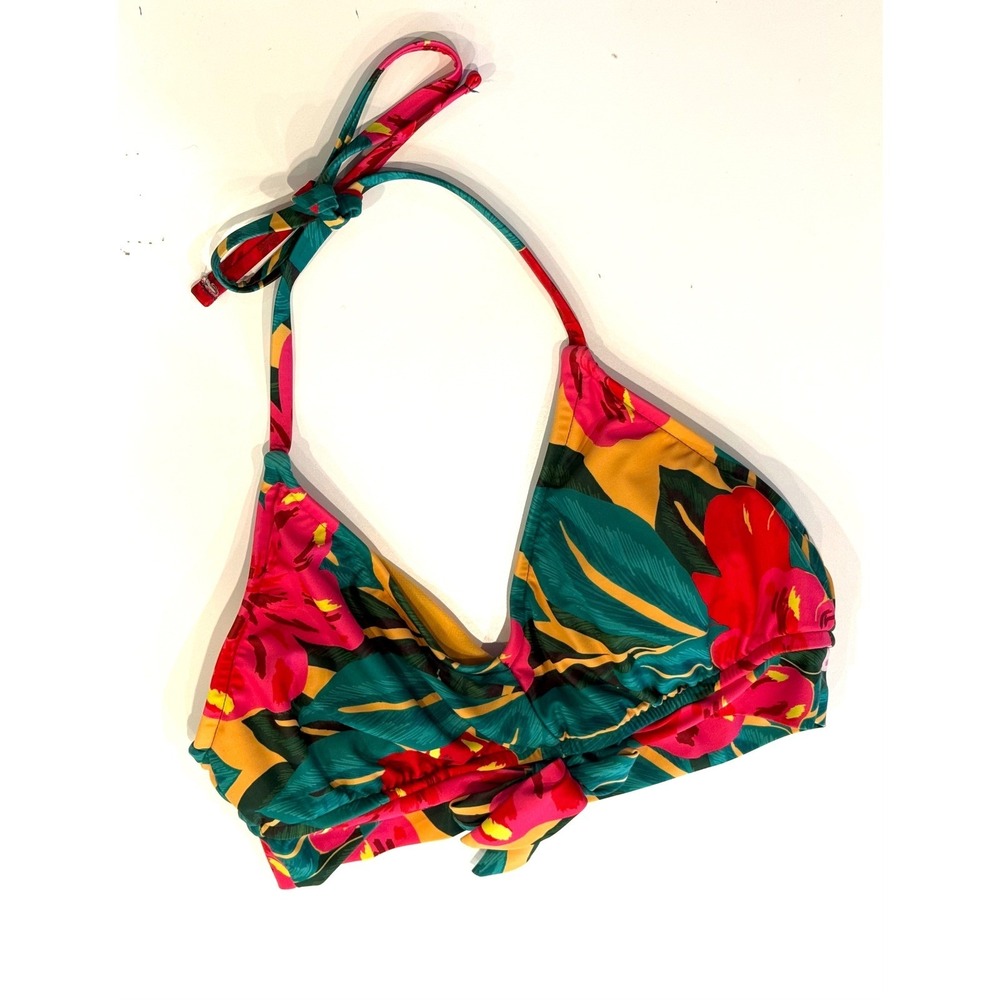 Kona Sol Womens Tropical Floral Halter Bikini Top Pink Green Yellow Size M